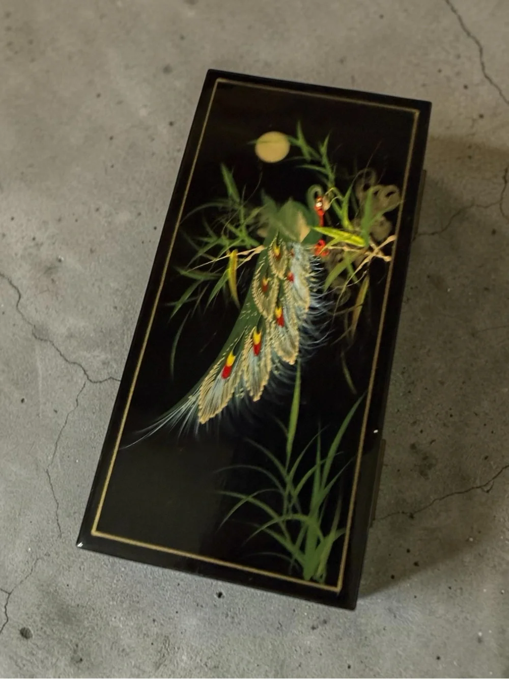 Japanese Hand Painted Bird Black Lacquered Jewelry Trinket Box Dresser Vanity